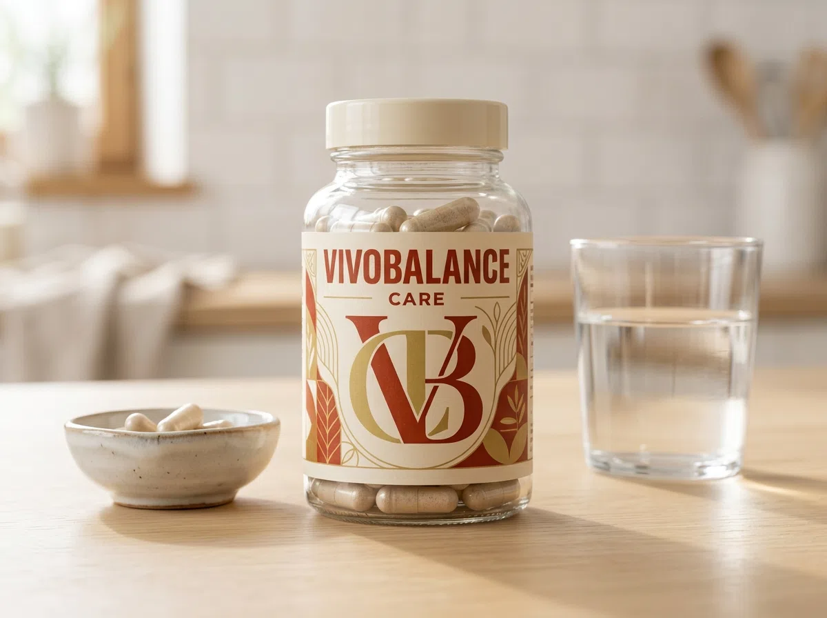 VivoBalance Care glazen pot met crèmekleurig deksel op een keukentafel naast verse ingrediënten in daglicht