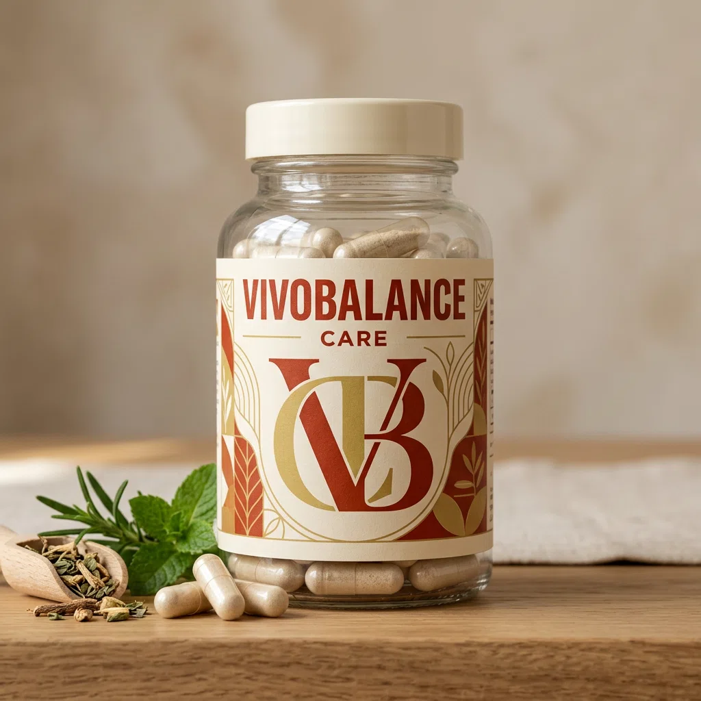 Glazen pot VivoBalance Care voedingssupplement met crèmekleurig deksel op een lichte ondergrond