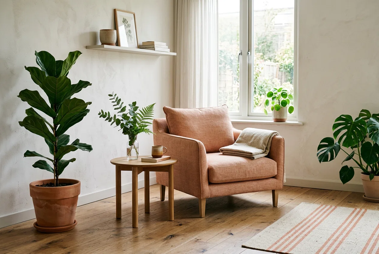 Verschillende kleine potten en potjes op een houten plank in een lichte keuken